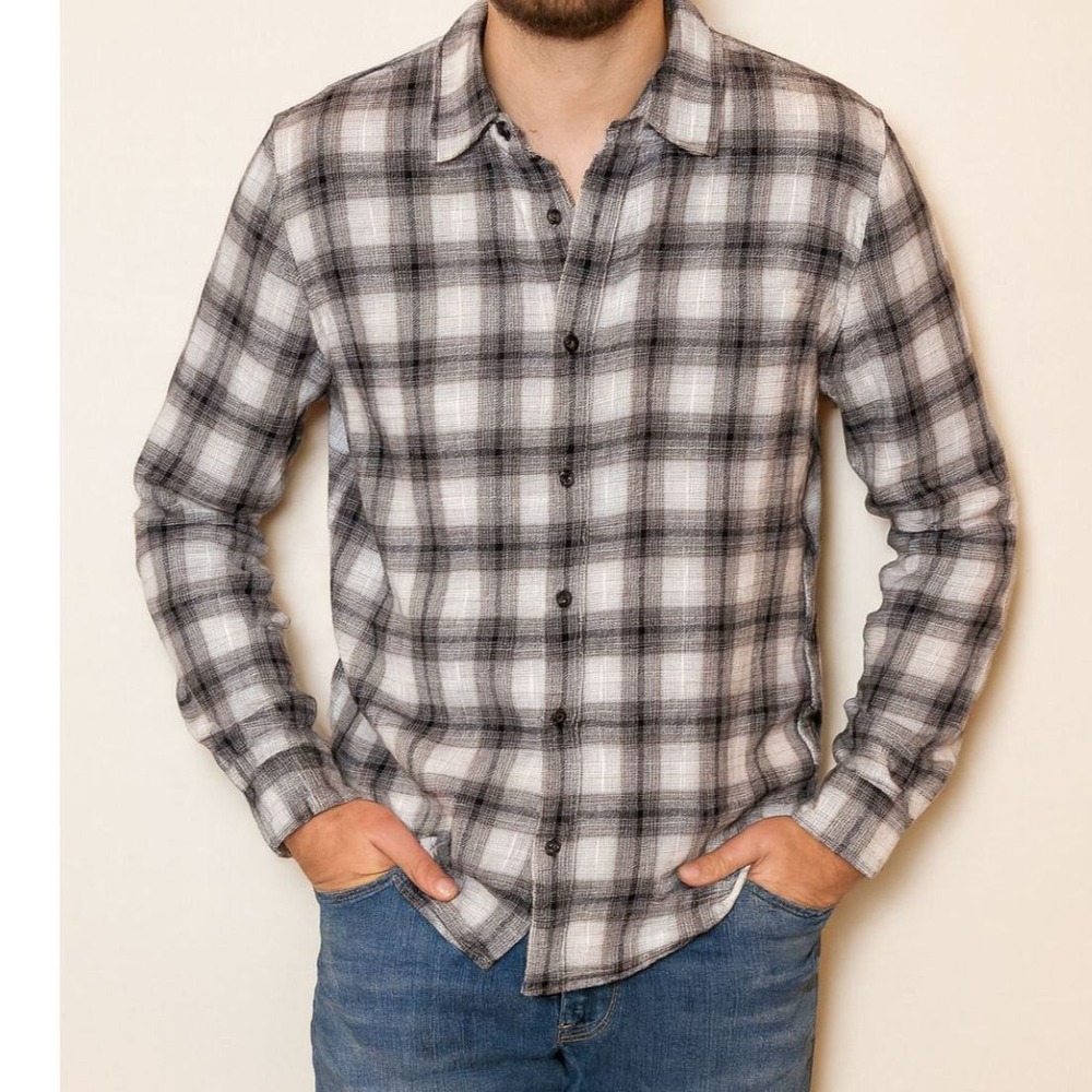 Outerknown Blanket Shirt Mens Medium Gray Plaid Organic Cotton Flannel